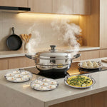 Load image into Gallery viewer, Stainless steel multi-kadai steamer with steamed momos, idlis, and omelette on kitchen counter