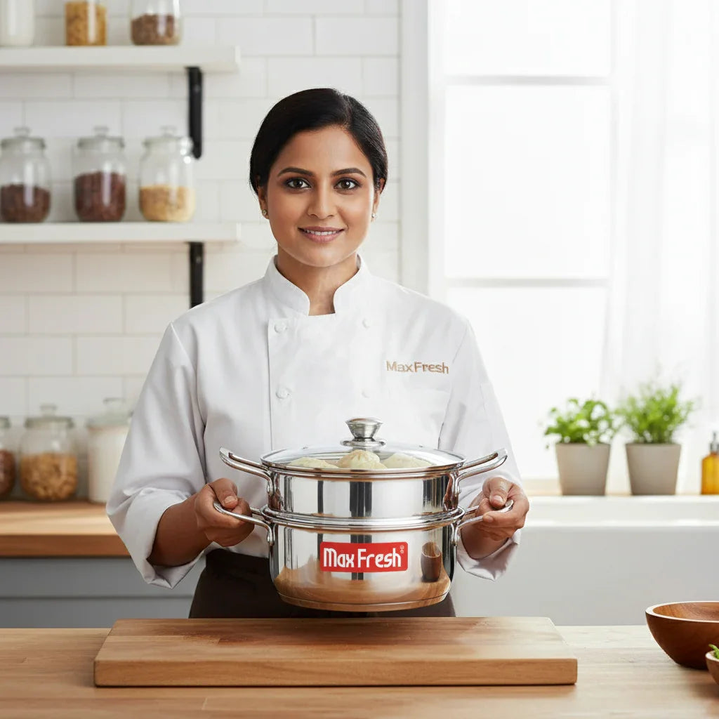 Chef holding stainless steel two-tier food steamer with glass lid in a modern kitchen