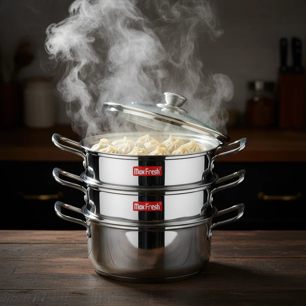 Three-tier stainless steel steamer with dumplings and visible steam on a kitchen counter