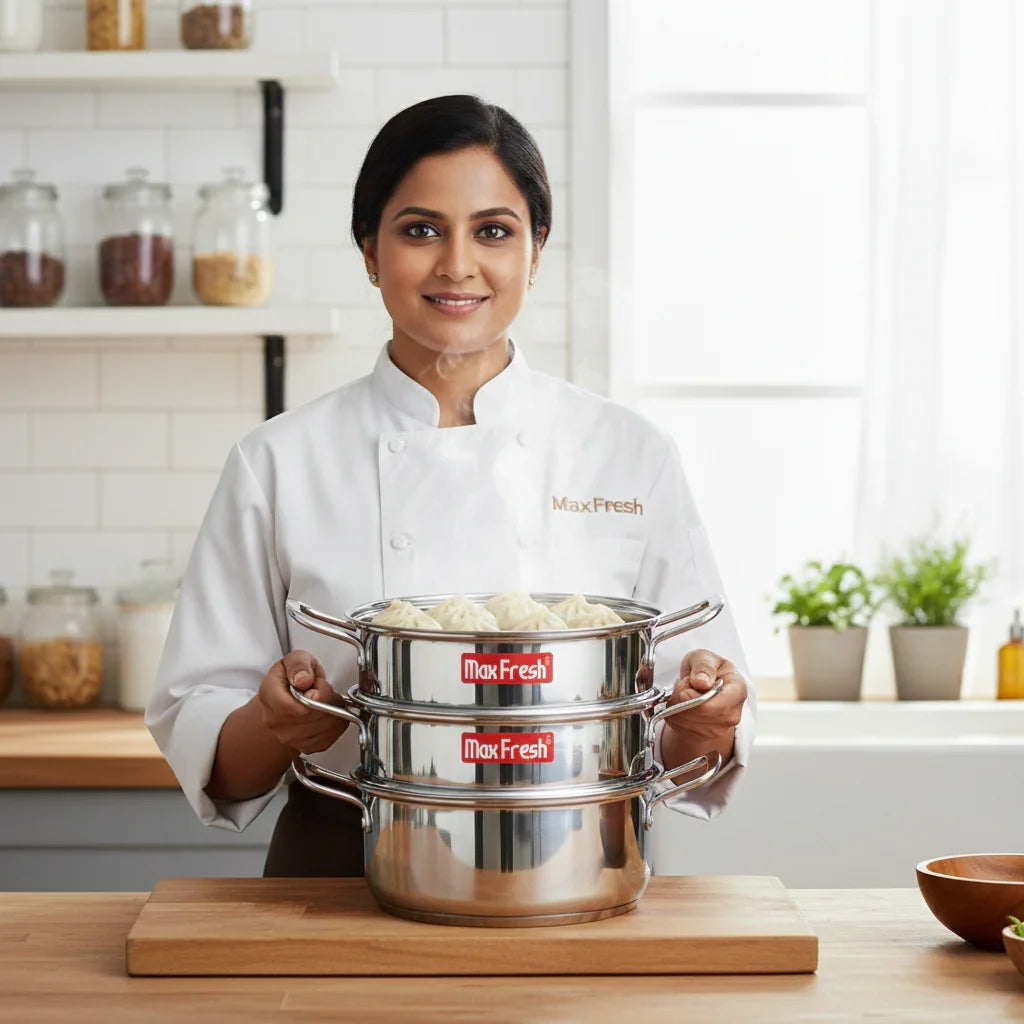 Chef holding triple-layer stainless steel steamer with dumplings in a modern kitchen