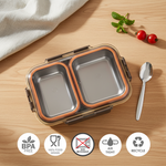 Stainless steel airtight lunch box with two compartments, BPA free, food grade, and recyclable.