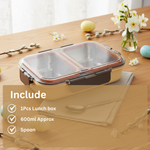Stainless steel lunch box with lid and spoon on wooden table, flowers and eggs decor