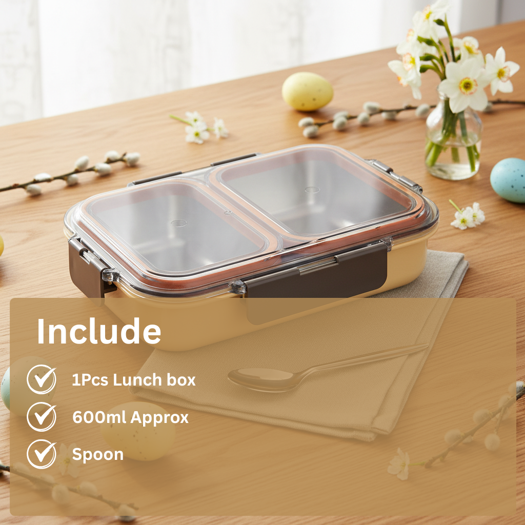 Stainless steel lunch box with lid and spoon on wooden table, flowers and eggs decor