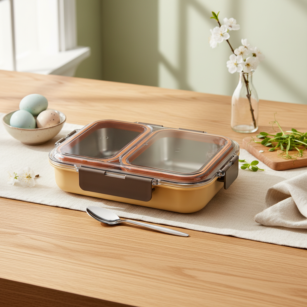 Stainless steel lunch box with clear lid on a kitchen table, next to a spoon and fresh greens.